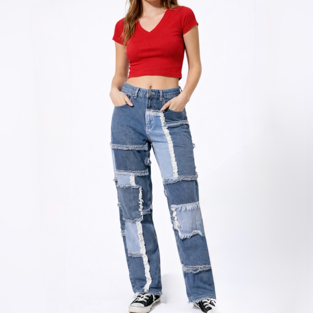 Ragged Jeans Patchwork Distressed Straight Leg Denim Size 28💚